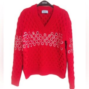 Authentic Prada Red V-Neck Sweater with White Circles
